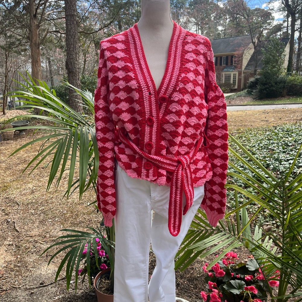 FARM Rio 🍃 HTF ✨ Fan Stitch Belted Crochet Cardigan, Red + Pink, Size Large, NEW - Picture 8 of 14